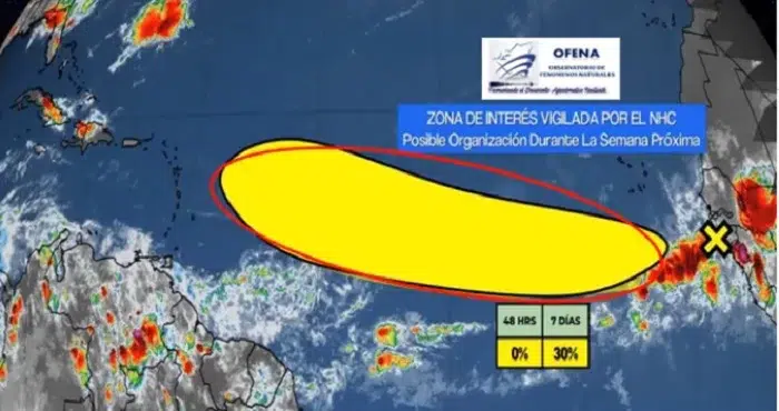 El monitoreo del sistema de baja presión que realiza Ofena, señala que podría generar lluvias más fuertes la próxima semana.
