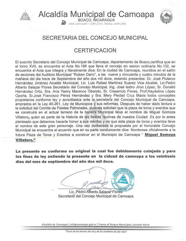 Certificación del nombramiento de la nueva plaza de toros Miguel Somoza Villatoro