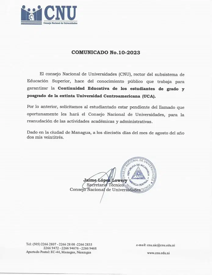 Comunicado No.10-2023, Continuidad Educativa extinta UCA