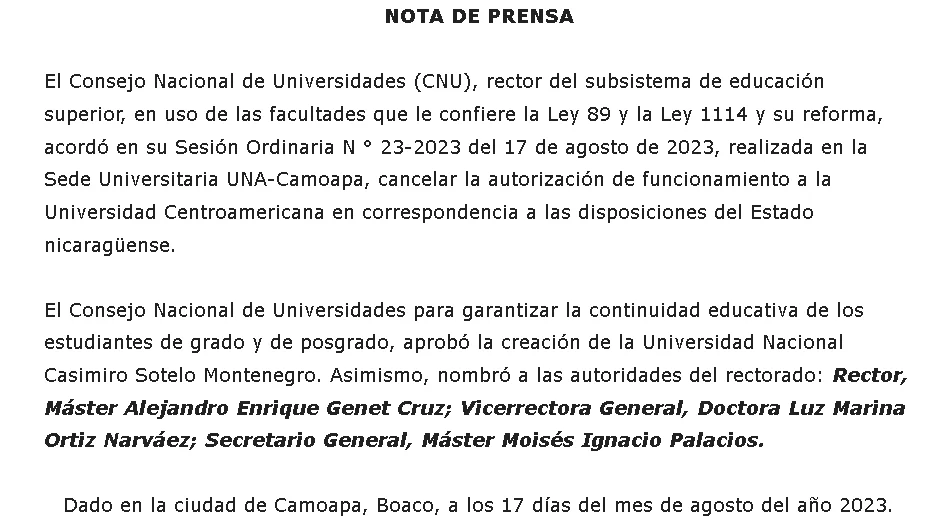Nota de prensa, creación de la Universidad Nacional Casimiro Sotelo Montenegro