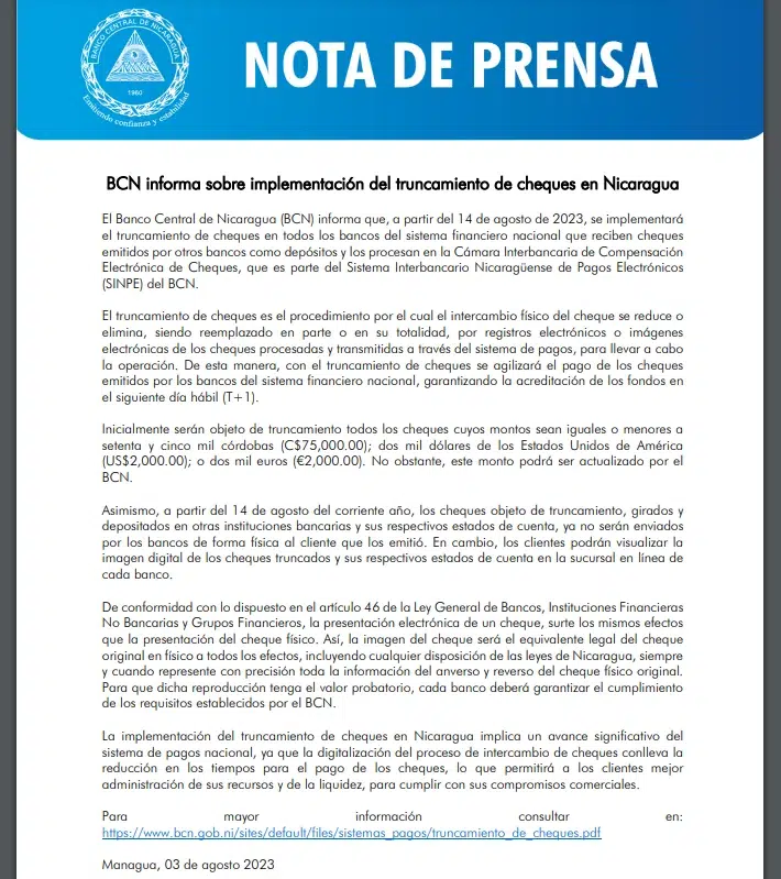 Comunicado oficial emitido por las autoridades del Banco Central de Nicaragua sobre la implementación de “los cheques truncados”.