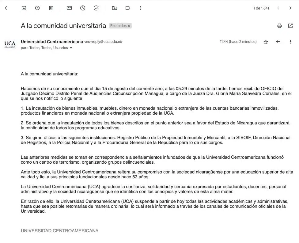 Correo de la UCA dirigido a estudiantes