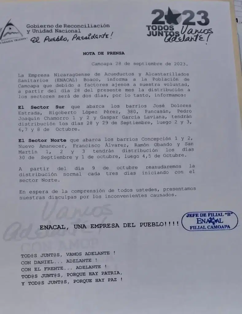 A través de un comunicado divulgado en redes sociales la Empresa Nicaragüense Acueductos y Alcantarillados, Enacal, anuncio que a partir de este próximo veintiocho de septiembre, el rol de distribución del servicio cambiaria en la ciudad de Camoapa de manera temporal.