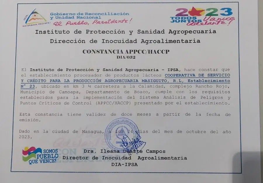 Cooperativa Masiguito cuenta con la certificación, Sistema de Análisis de Peligros y de Puntos Críticos de Control (HACCP)