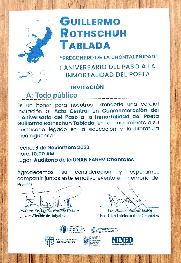 Invitación al acto central en conmemoración al primer aniversario del fallecimiento del poeta Guillermo Rothschuh Tablada