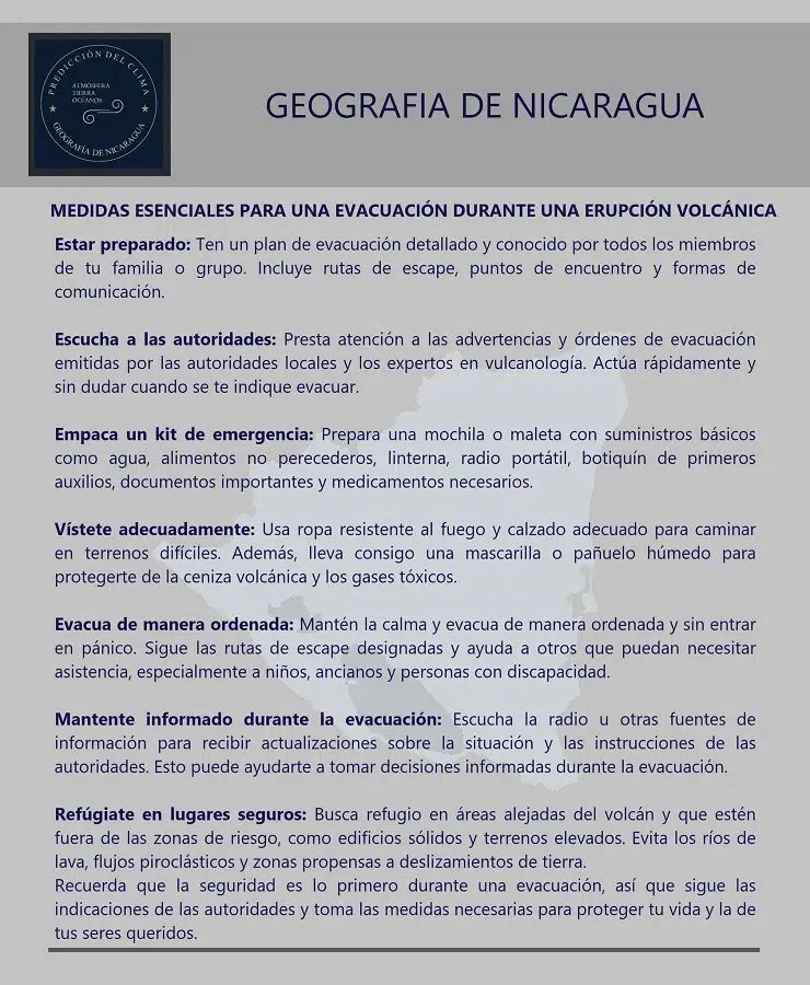 Medidas esenciales para una evacuación durante una erupción volcánica. Gráfica: Geografía de Nicaragua