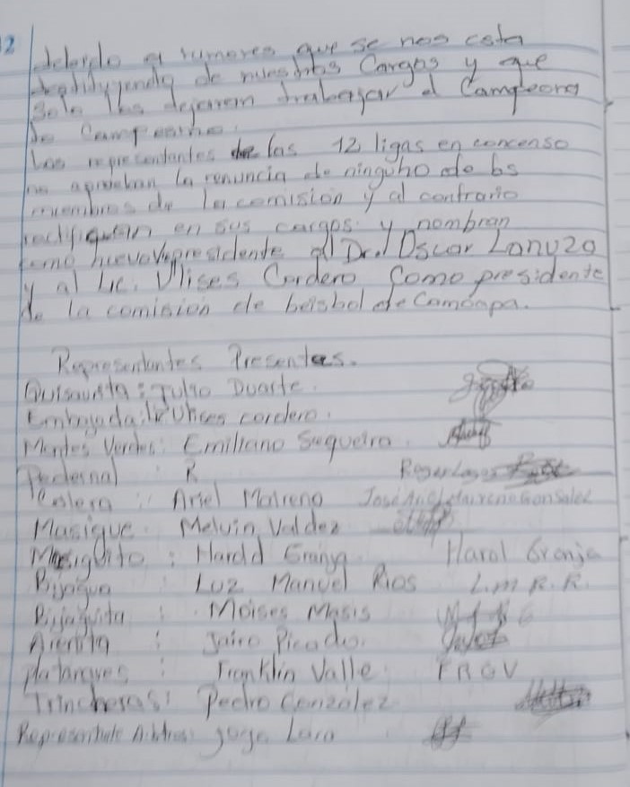 Firma de acta por representantes en la elección de la primera Comisión Municipal de Beisbol en Camoapa el pasado martes 23 de abril del 2024