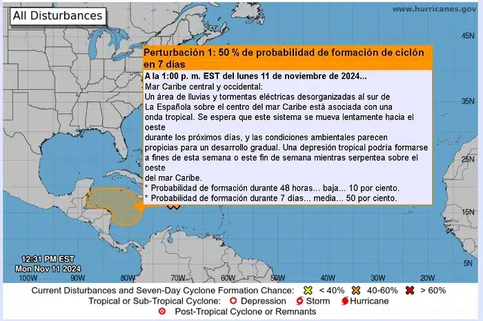 Previsión meteorológica tropical gráfica del Centro Nacional de Huracanes para los próximos 7 días.