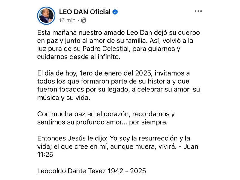Comunicado de los familiares en el sitio Oficial de Leo Dan.