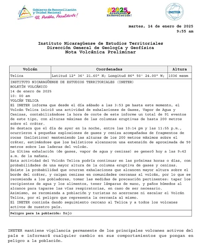 Nota preliminar del boletín volcánico de hoy 14 de enero de 2025, 10 00 am Volcán Telica