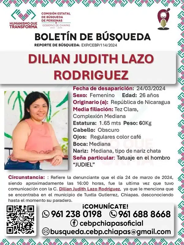 La Comisión Estatal de Búsqueda de Personas del Estado de Chiapas solicita la colaboración para localizar a Dilian Judith Lazo Rodríguez. Foto que circula en redes.
