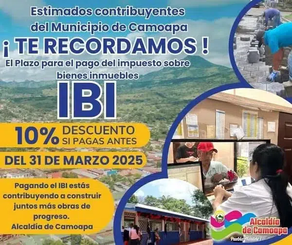 La Alcaldía de Camoapa informa en sus redes sociales sobre un 10% de descuento en el pago del IBI antes del 31 de marzo de 2025.
