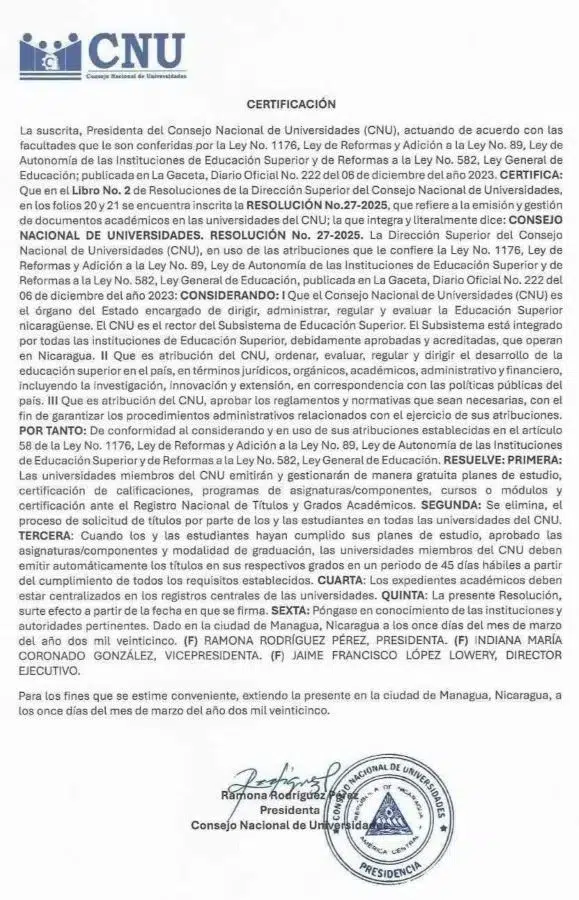 El Consejo Nacional de Universidades emitió una resolución donde establece que se elimina el proceso de solicitud de títulos por parte de los estudiantes en todas las universidades del CNU.