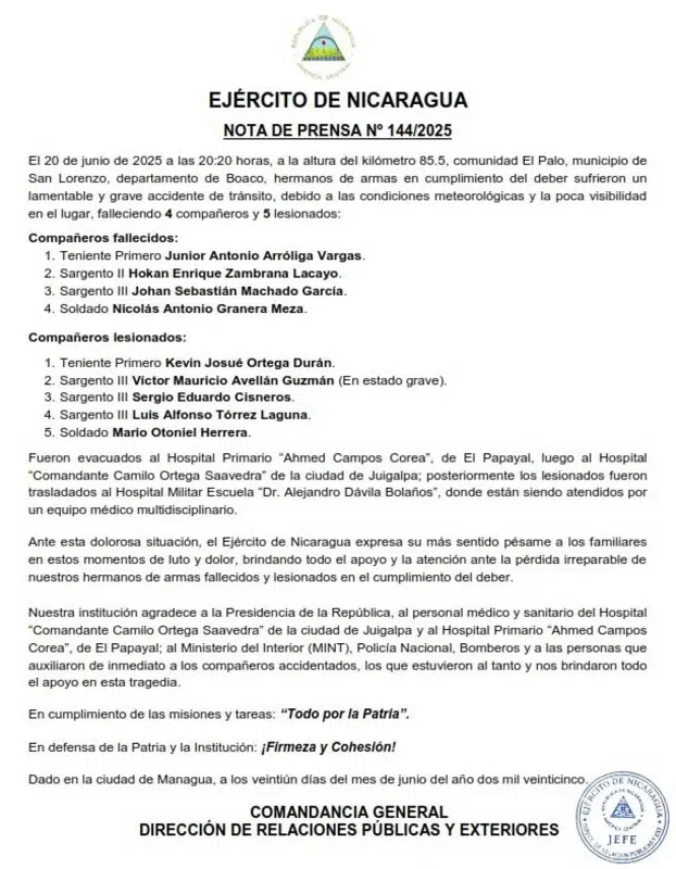 Comunicado del Ejército de Nicaragua en sus plataformas.