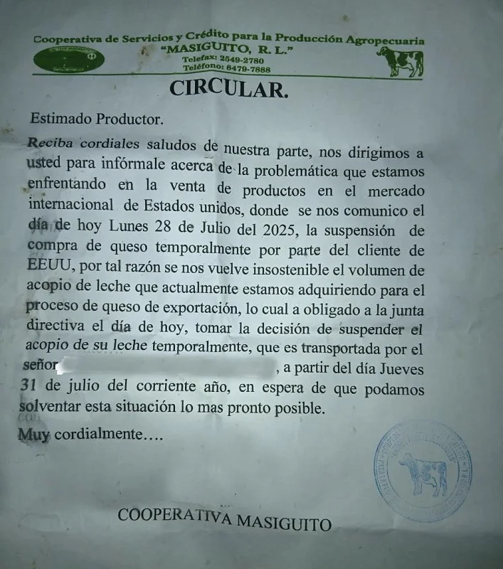 Circular entregada por la cooperativa a productores de Montes Verdes y Los Planes