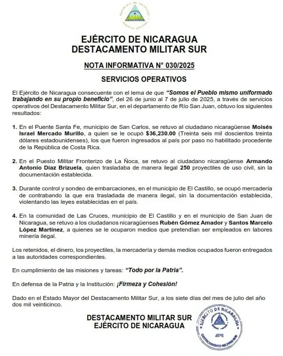 Comunicado del Ejército de Nicaragua sobre servicios operativos