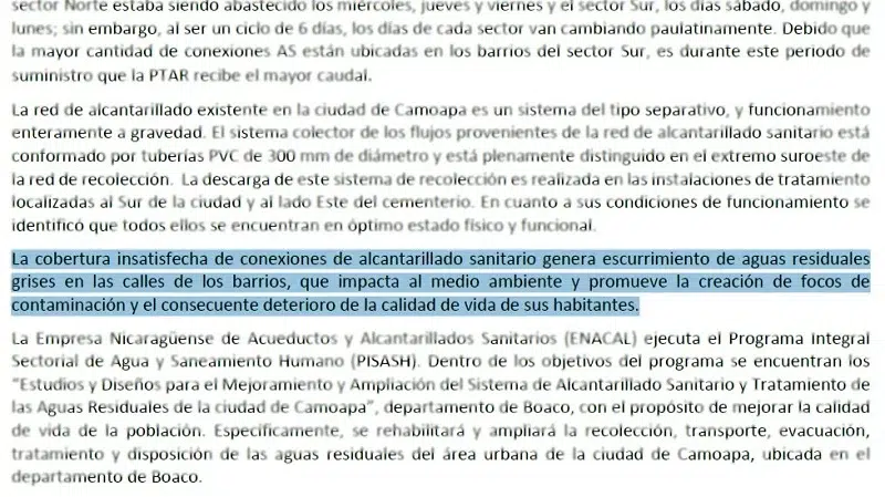 Página 7, párrafo 4, numeral 1.3 de los Antecedentes del proyecto “Mejoramiento del Sistema de Alcantarillado Sanitario de la ciudad de Camoapa”
