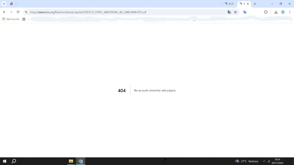 Archivo del proyecto despublicado del sitio web del BCIE. Error 404 no se pudo encontrar