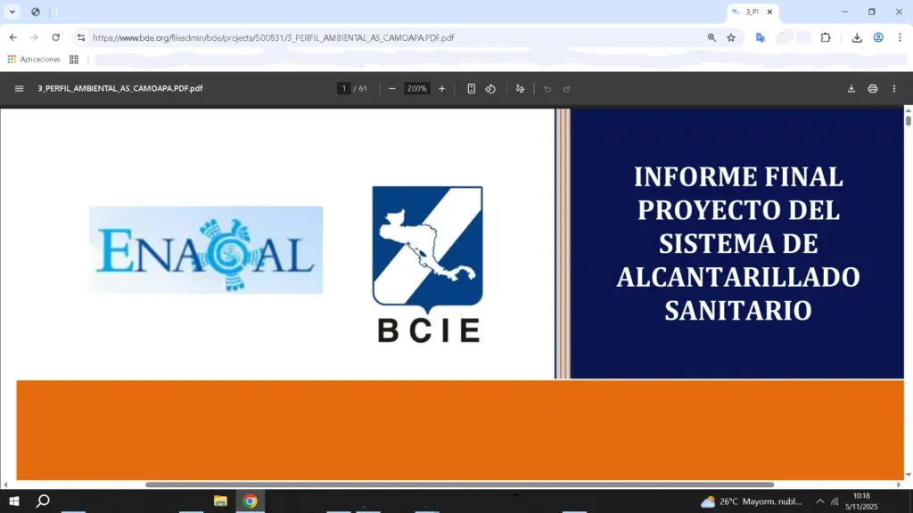 Estudio del alcantarillado sanitario de Camoapa, documento publicado por el BCIE en su sitio web