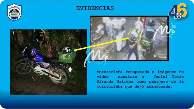 Según las autoridades policiales, motocicleta recuperada e imágenes de video muestran a Janiel Tomás Miranda Mairena como pasajero de la motocicleta que dejó abandonada. Imagen Cortesía MTV Chontales