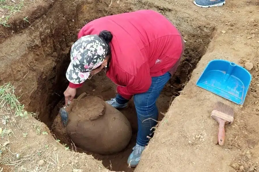 Especialistas identificaron una urna funeraria Sacasa Estriada del período Sapoá durante excavaciones en la UNI de Managua